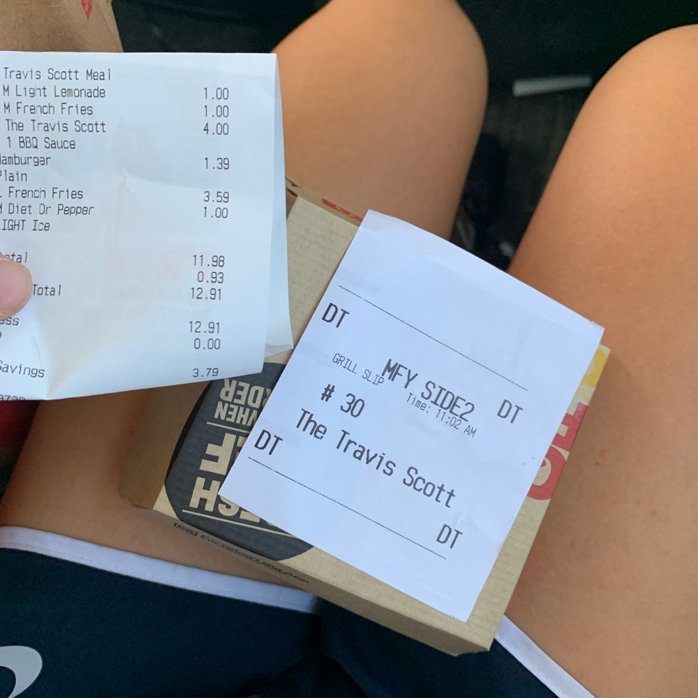 Travis Scott meal receipts